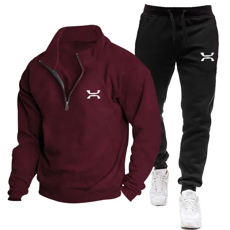 2024 Men's Tracksuit Autumn winter new Men's Clothing Fleece Lining Stand Collar Hoodie + Sweatpants 2 Set Of Casual Sportswear