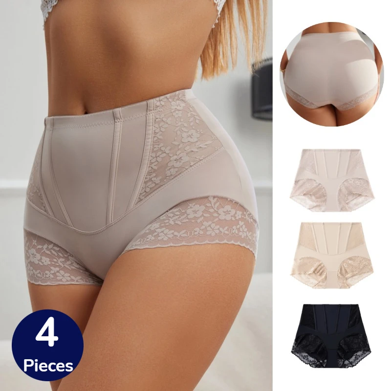 

BZEL, 4 шт., женские корректирующие трусики с высокой талией, кружевное сексуальное женское белье, подтягиватель живота, удобные женские трусы, утягивающие талию с рыбьей косточкой