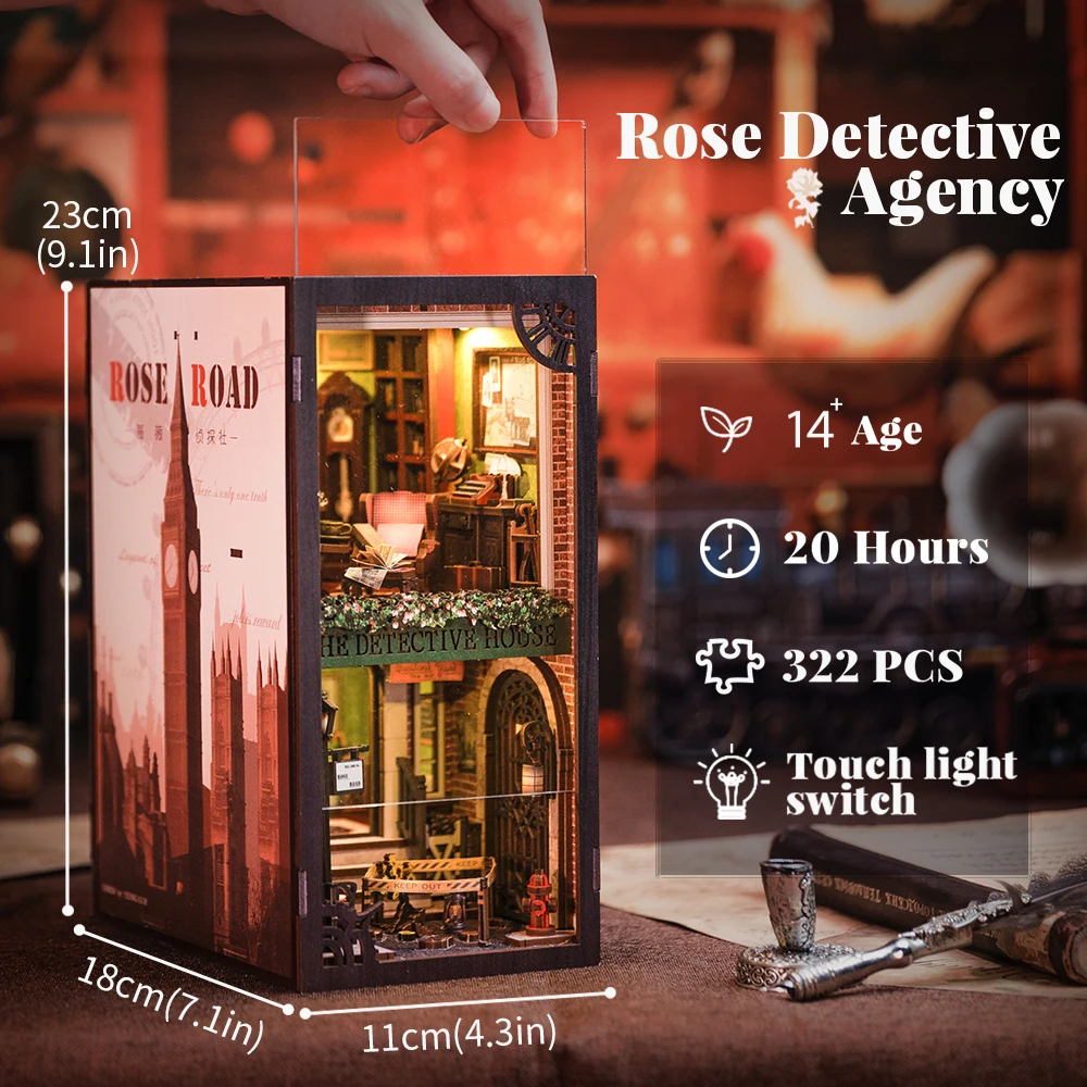 CUTEBEE 3D Book Nook Kit Rose Detective Agency Mystery Scene mit Staubschutz DIY Bücherregal Einsatz Raumdekoration Weihnachtsgeschenkideen
