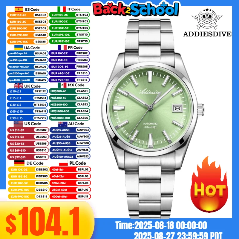 

ADDIESDIVE 39mm Mechanical Watch BGW9 Super Luminous 100m Waterproof Bubble Mirror Glass Japan NH35A Automatic Men Fasion Watch
