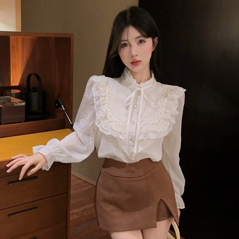 Retro Koronkowy Wykończenie Damska Długa Bluzka Jesienno-Zimowa Koreańska Modna Elegancka Wysokiej Jakości Luźna Francuska Bluzka...