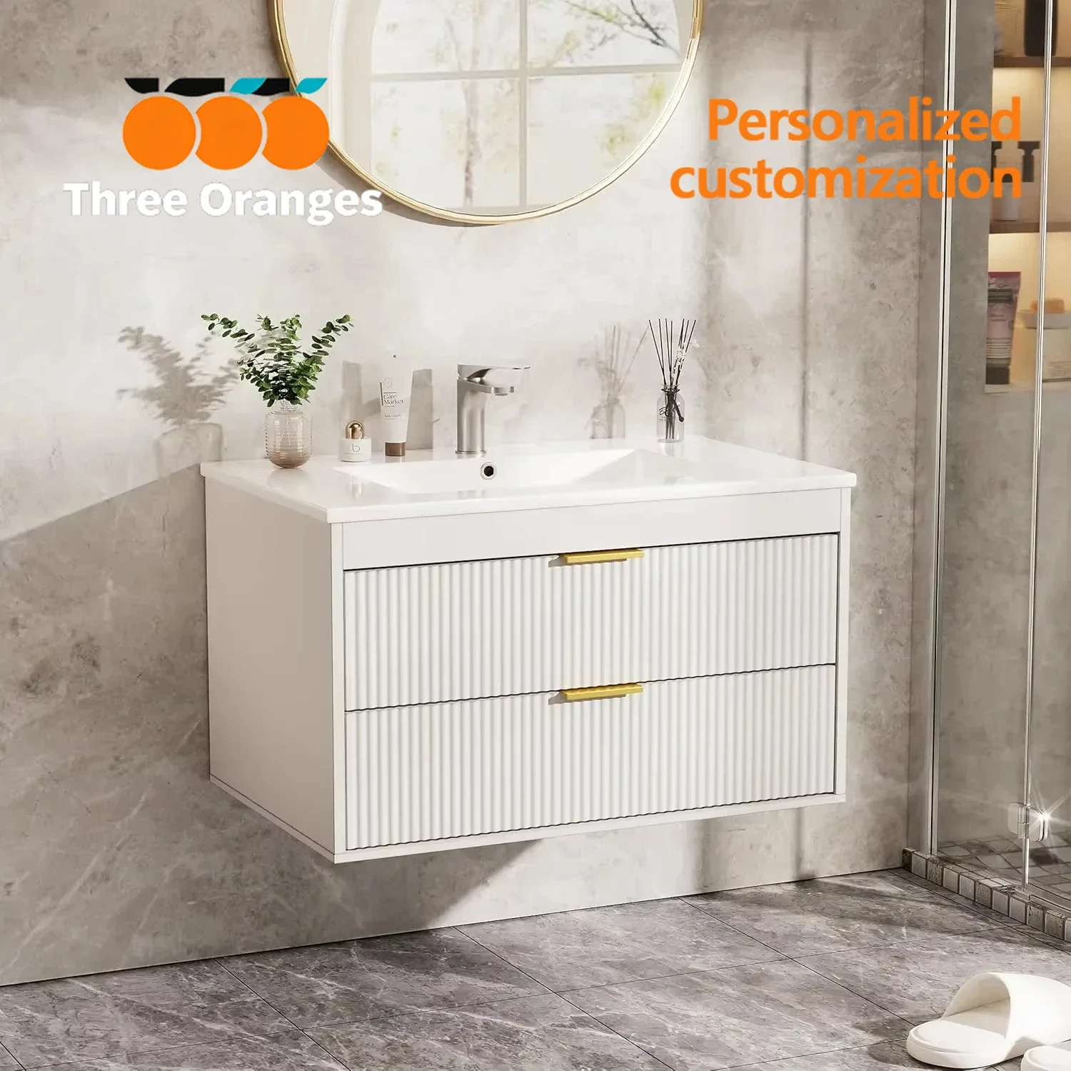 S178 Wall Mounted Bathroom Floating 60-210cm Vanity with Ceramic Sink 2 Drawers Soft-Close Doors - Modern Bathroom Vanities with