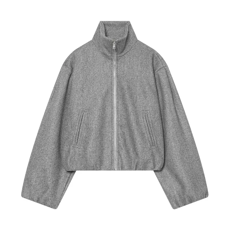 Women S Minimalist Style Short Blended Zipper Jacket Stand Collar Loose Casual Coat Multiple Colors for Everyday Weekend Street