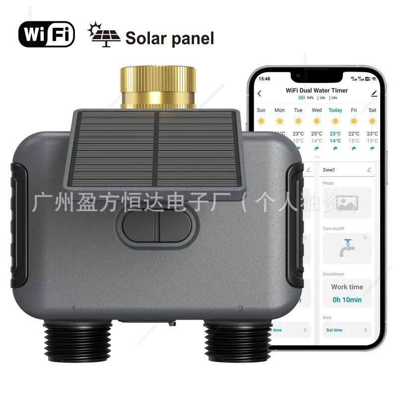 Solar WiFi Smart Irrigation Controller, Dual Outlet Water Timer for Garden Lawn Flower Watering