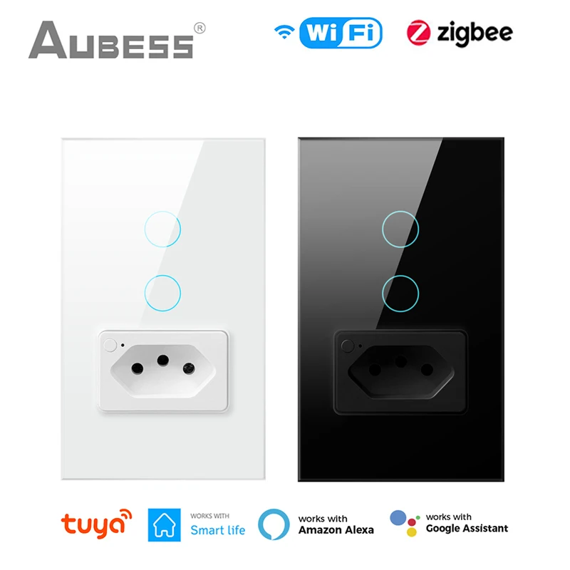 

Tuya WiFi Smart Switch & Socket Brazil Standard Glass Panel 1/2gang Wall Light Switch Buttons Works With Alexa Google Home