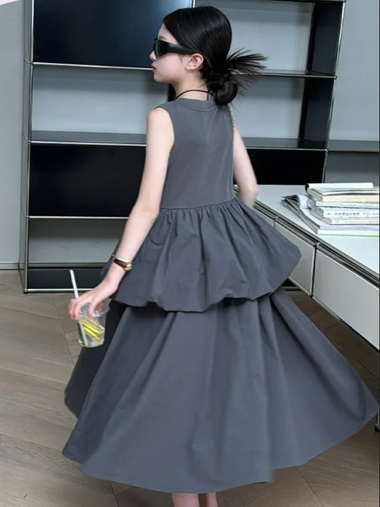 Fashion Girl Sleeveless Vest Dress Summer New Ruffles Dress Kids Holiday Dress Children Gray Casual Dress Teenage Clothes Wz1350