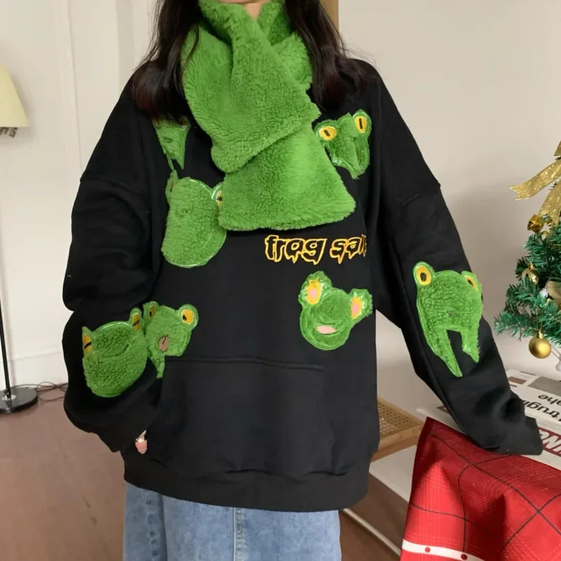 

Autumn Winter Sweet Girls Plush Frog Embroidery Oversized Hoodie Women Kawaii Streetwear Matching Scarf Pullover Sweatshirt y2k