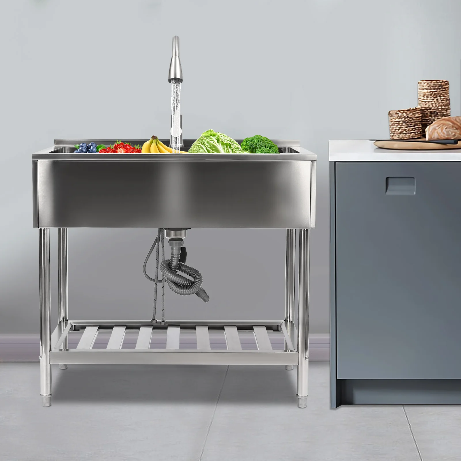 Stainless Steel Kitchen Sink 35.8*23.2 Kitchen Sink Stainless Single Sink w/ Hot &Cold Dual Tap for Washing Utensils