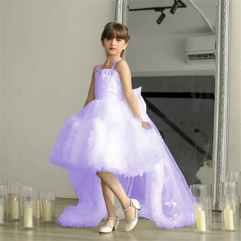 エレガンスアイボリーフラワーガールドレススパゲッティストラップノースリーブウェディングトレインパーティー初聖体ドレスカスタマイズ