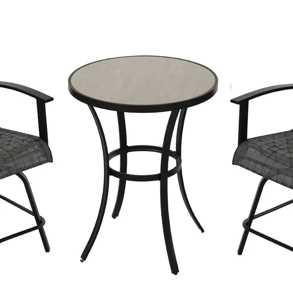 طقم بار خارجي حديث مكون من 3 قطع مع مقاعد دوارة وطاولة مستديرة للفناء أو بيسترو أو مساحة مطعم صغيرة باللونين الأسود والرمادي