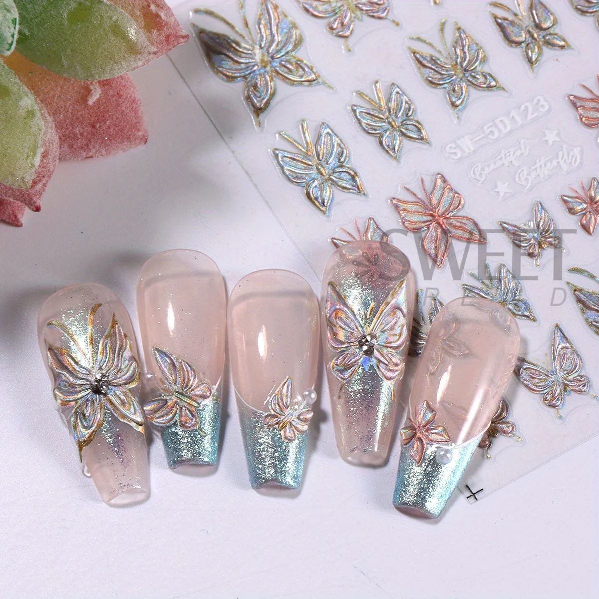 3 pezzi 5D Aurora Fata Farfalla Adesivo per unghie in rilievo Conchiglia di cristallo Ali d'angelo Design dell'arco Grazioso Shimmer Decalcomanie Manicure Decor