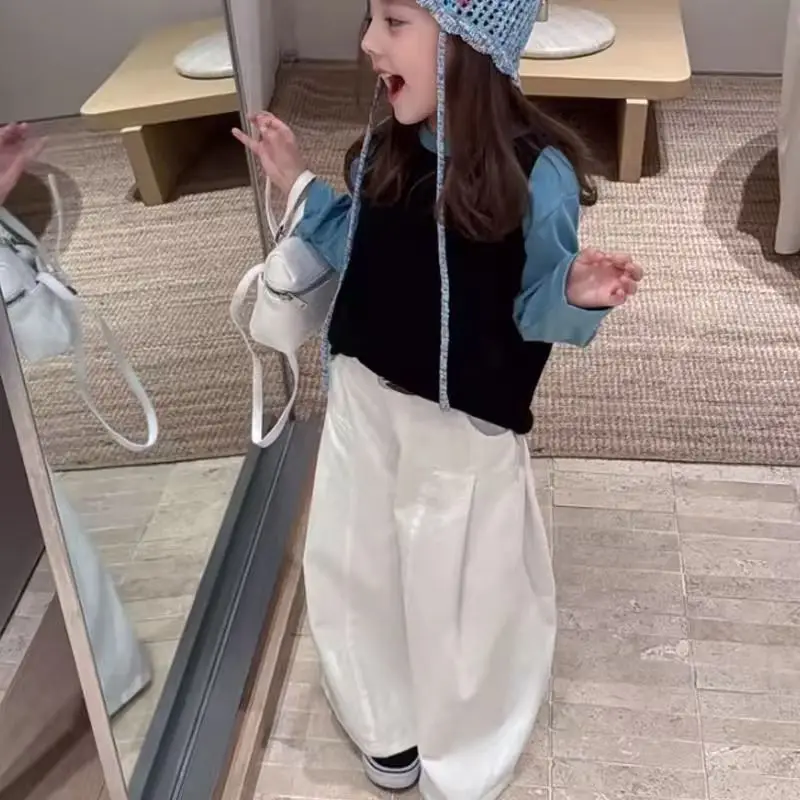 2026 New Girls Clothing Set Solid Color Tank Top Long Sleeve Top Trendy Kids Outfit