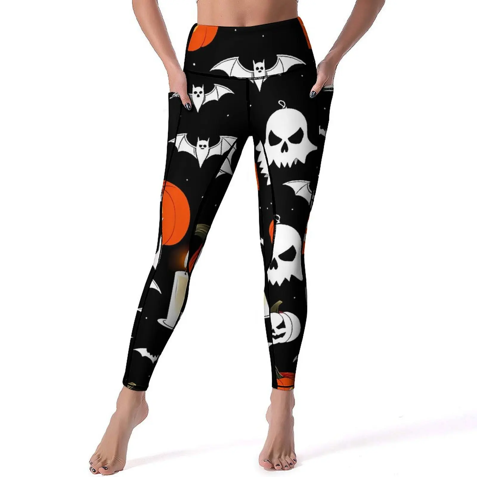 

Halloween Happy Haunts Leggings Pumpkins Skulls Bats Workout Yoga Pants High Waist Leggins Quick-Dry Design Sports Tights