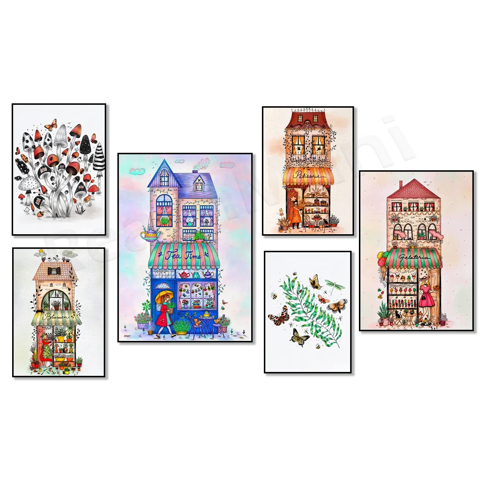 Germany, autumn pumpkins, Italy, Denmark, spring, Greece, Corfu, Santorini, English teahouse, French storefront, travel poster,