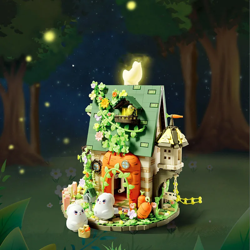 MOC Sprookje Cartoon Bloem Konijn Huis Bouwsteen Set Miniatuur Bos Boom Hut Speelgoed Decor Meisje Verjaardag Jubileumcadeau