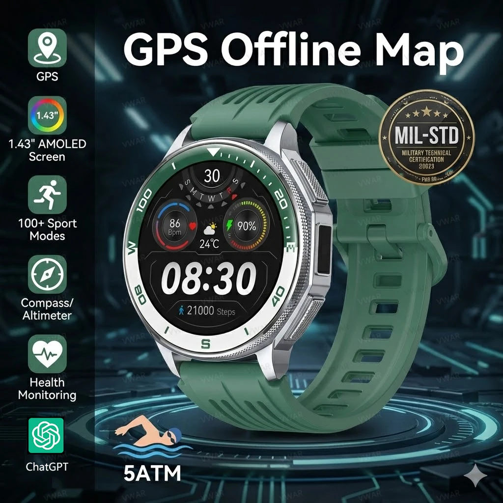 2026 New Military T-Rex3 Mate GPS Map Navigation Smart Watch Compass 1.43-inch AMOLED Screen 3ATM Call Sports Smartwatch Men