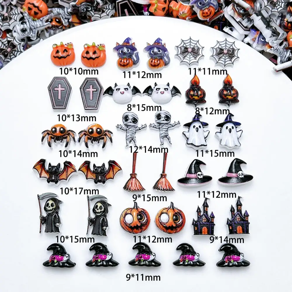 30 Stück 3D Cartoon Halloween-Serie Harz-Nagelkunst-Dekorationen, verschiedene Stile, kreative Kürbis-, Besen-, Katzen- und Geister-Nagelanhänger für DIY – Detail 2