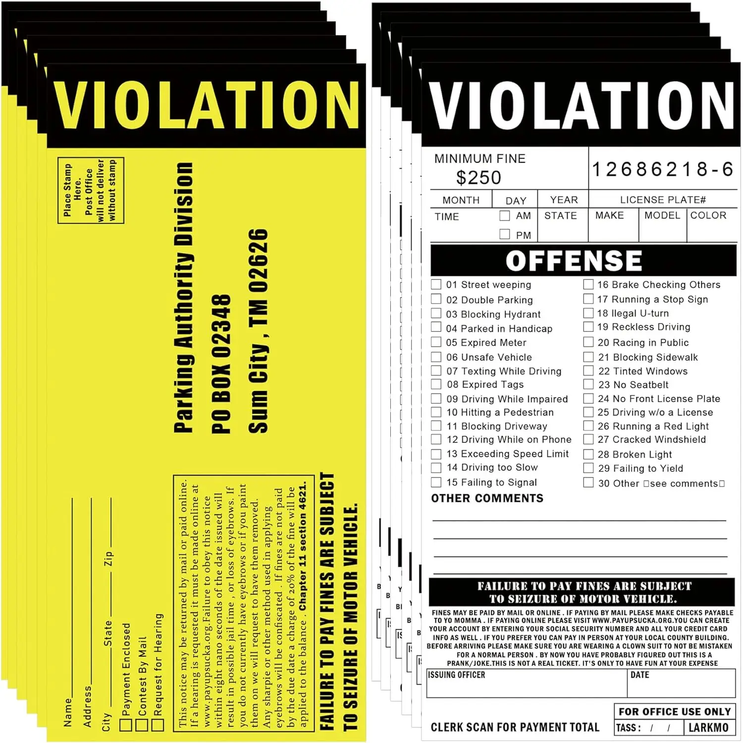 25pcs Fake Parking Tickets 8.5 * 4 inches Funny Double Side Violation Parking Kit Pretend Police Traffic Card