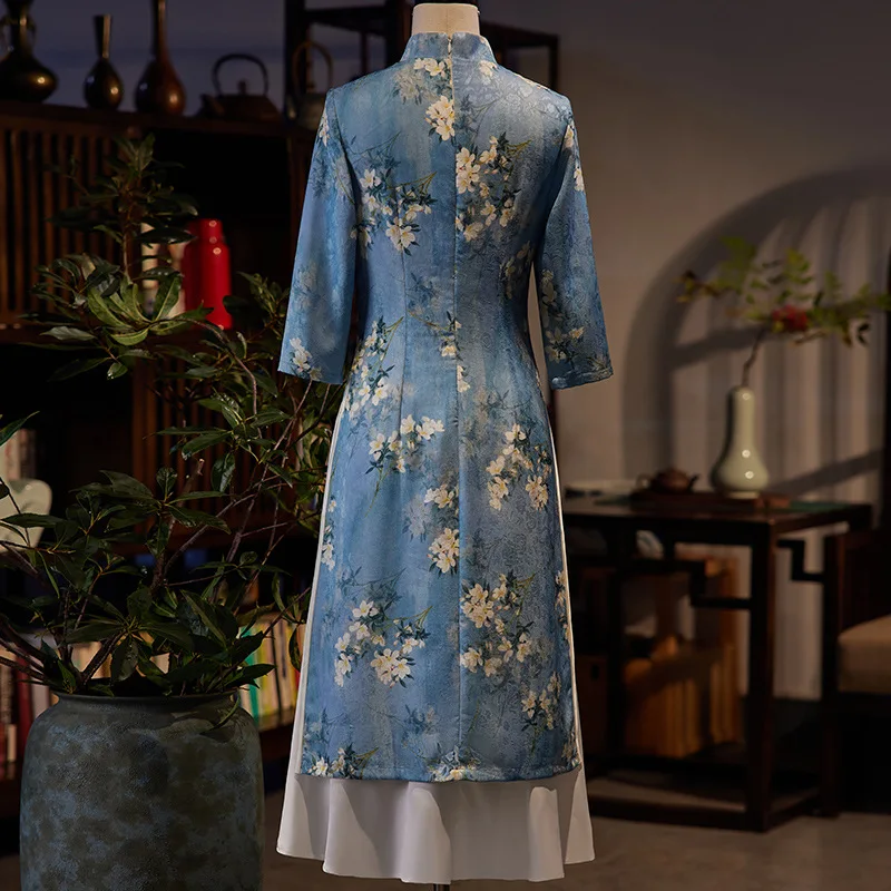 2024 New Improved Chiffon Embroidered Little Ao Dai Qipao Evening Party Skirt Tang Suit Hanfu Cheongsam Dress For Women