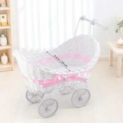 

1Pcs Cane Tricycles Flower Basket Knitted Mini Ratton Stroller Ornament Home Office Outdoor Wedding Birthday Decor Pink
