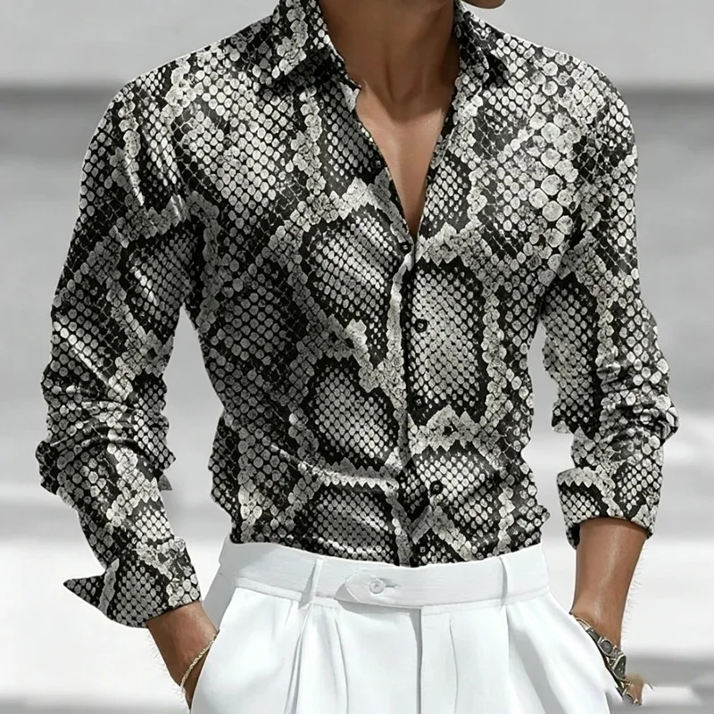 Men's Snakeskin Pattern Long-Sleeved Shirt, Retro Python Scale Print, Slim Fit, Turn-Down Collar, Trendy Casual Shirt