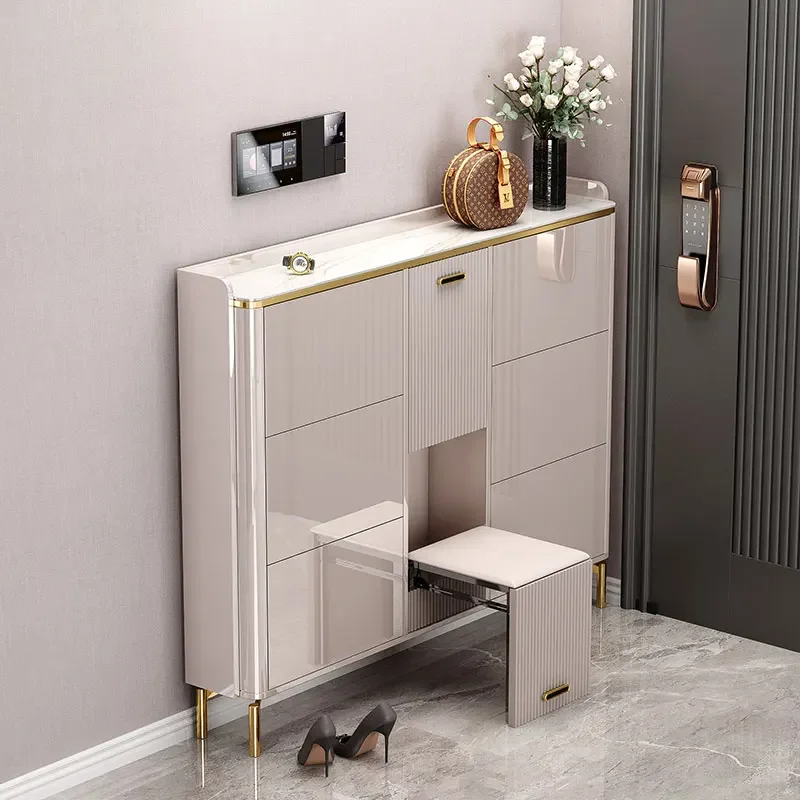 Modern And Simple Entry Cabinet Light Luxury And Ultra-thin Flip Bucket Shoe Cabinet With Shoe Stool Storage Cabinet