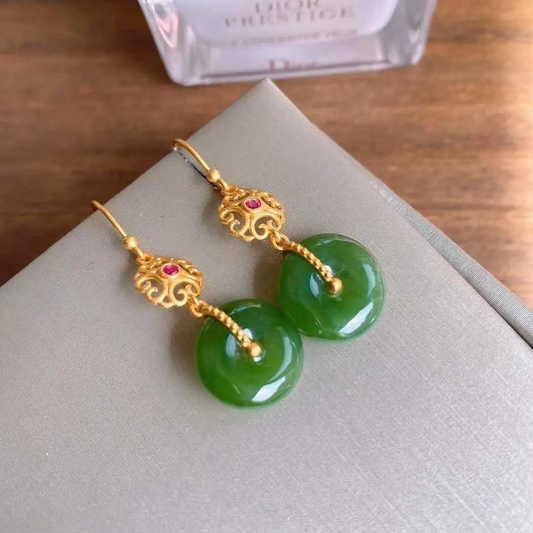 

Retro style S925 sterling silver inlaid natural Hetian jade safety buckle earrings