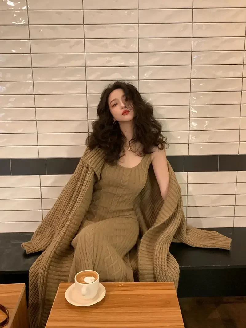 2024 Winter Korean Style Retro Knitted Two Piece Set Women Swater Coat+strap Dress Female Casual Vintage Warm Knit Suit 2024