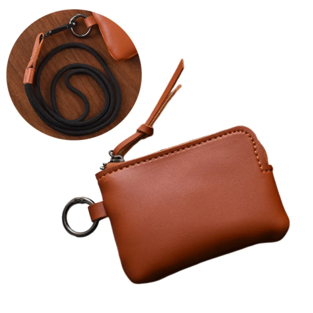

Vintage PU Hanging Neck Wallets Soft with Keychain Mini Coin Purse Retro Lightweight Key Holder Purse Travel