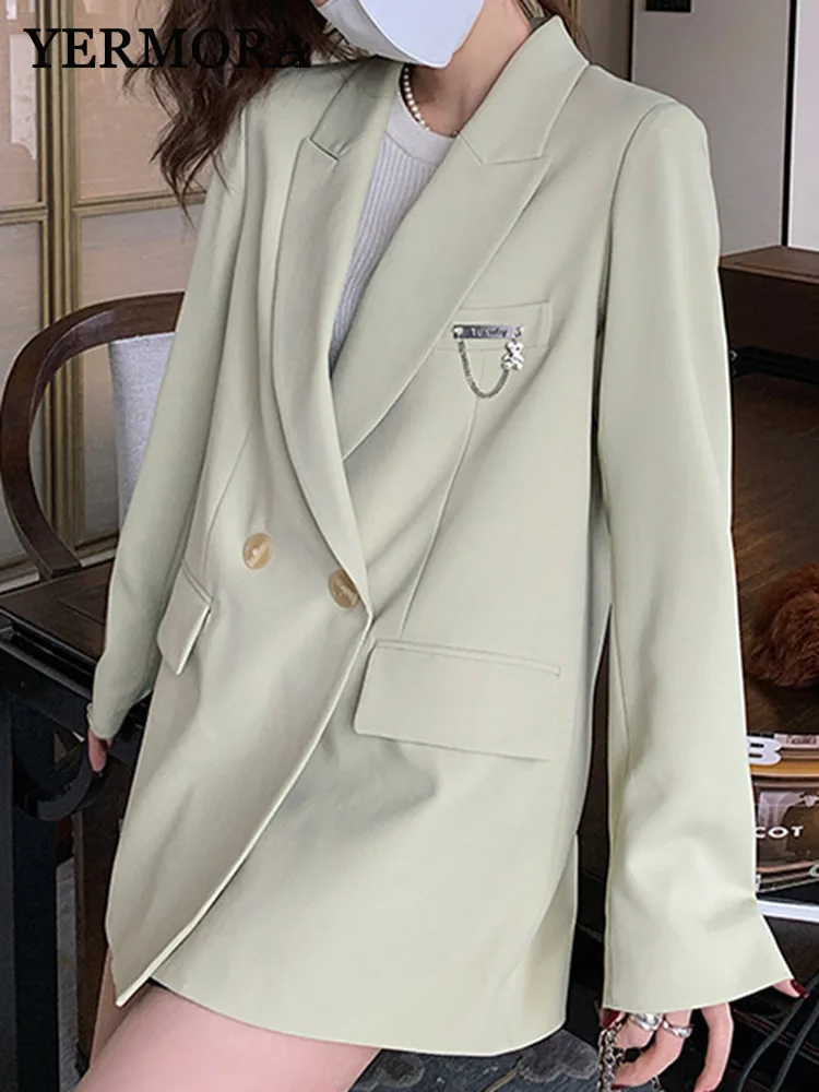 

YERMORA Green Pocket Button Brief Casual Blazer For Women Lapel Long Sleeve Loose New Jacket Fashion Tide Srping Autumn 2025