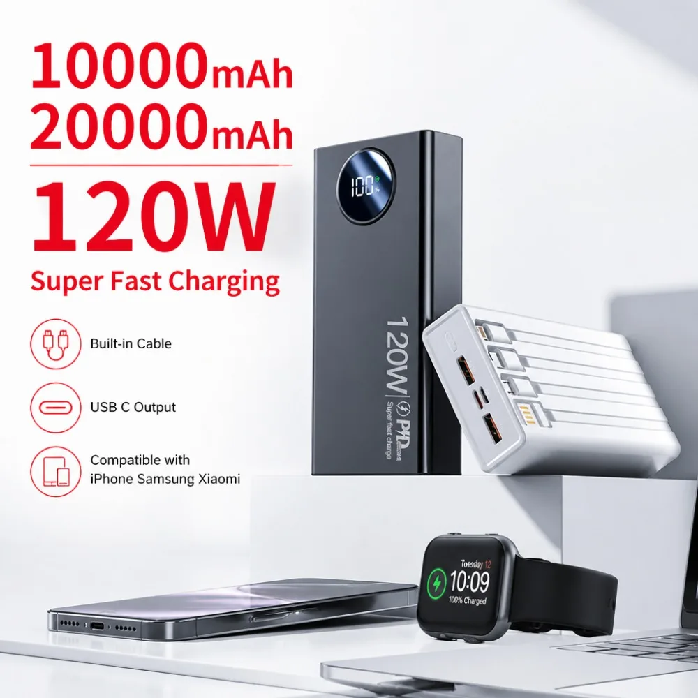 20000mAh 120W Power Bank with Built-in Cable, USB C Portable Charger Battery Pack for iPhone Samsung Xiaomi PowerBank 10000mAh