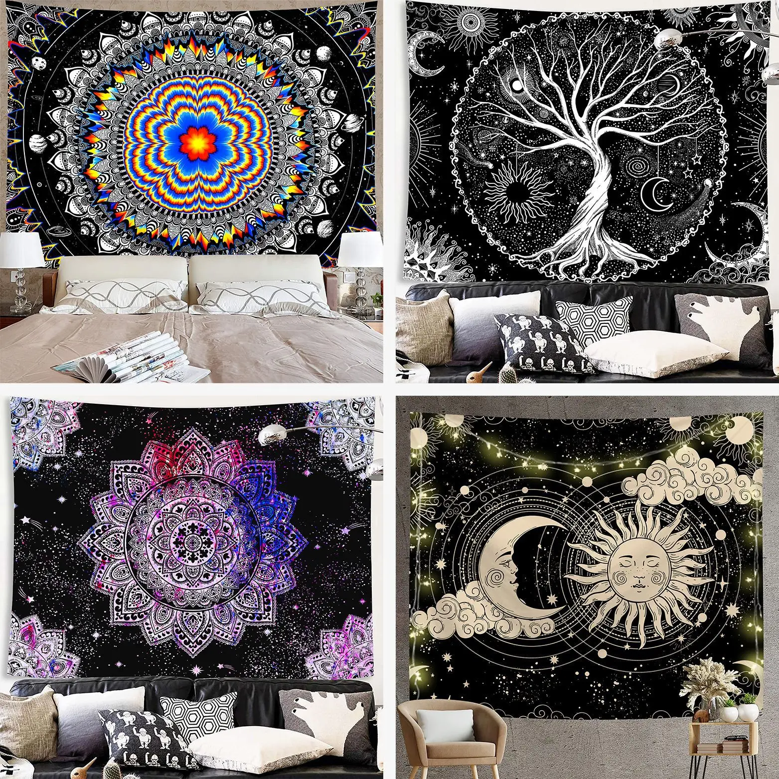 Psychedelic Tapestry Wall Hanging Moon Sun Black and White Cloth Living Room Bedroom Decor Aesthetic Wall Art Home Decoration