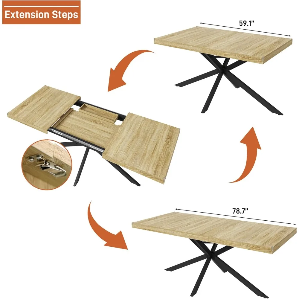 طاولة طعام خشبية مستطيلة قابلة للتمديد تتسع من 6 إلى 8 أشخاص مع أوراق قابلة للإزالة لتصميم موفر للمساحة