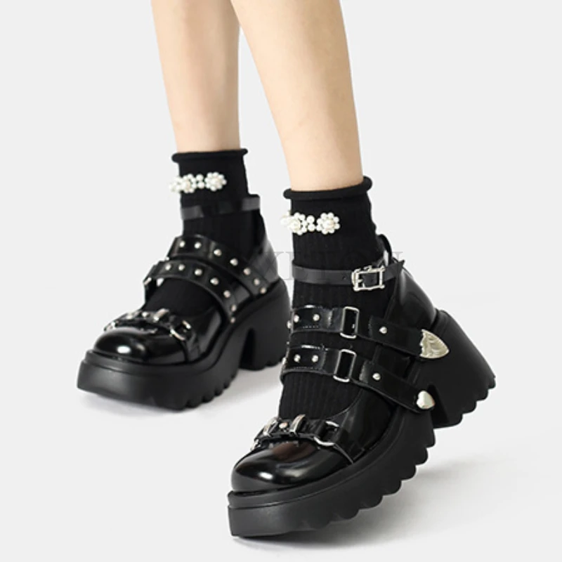 Chain Heart Buckle Female Lolita Cute Mary Janes Pumps Platform Wedges High Heels Women\'s Pumps Sweet Gothic  Punk  Shoes  Woman