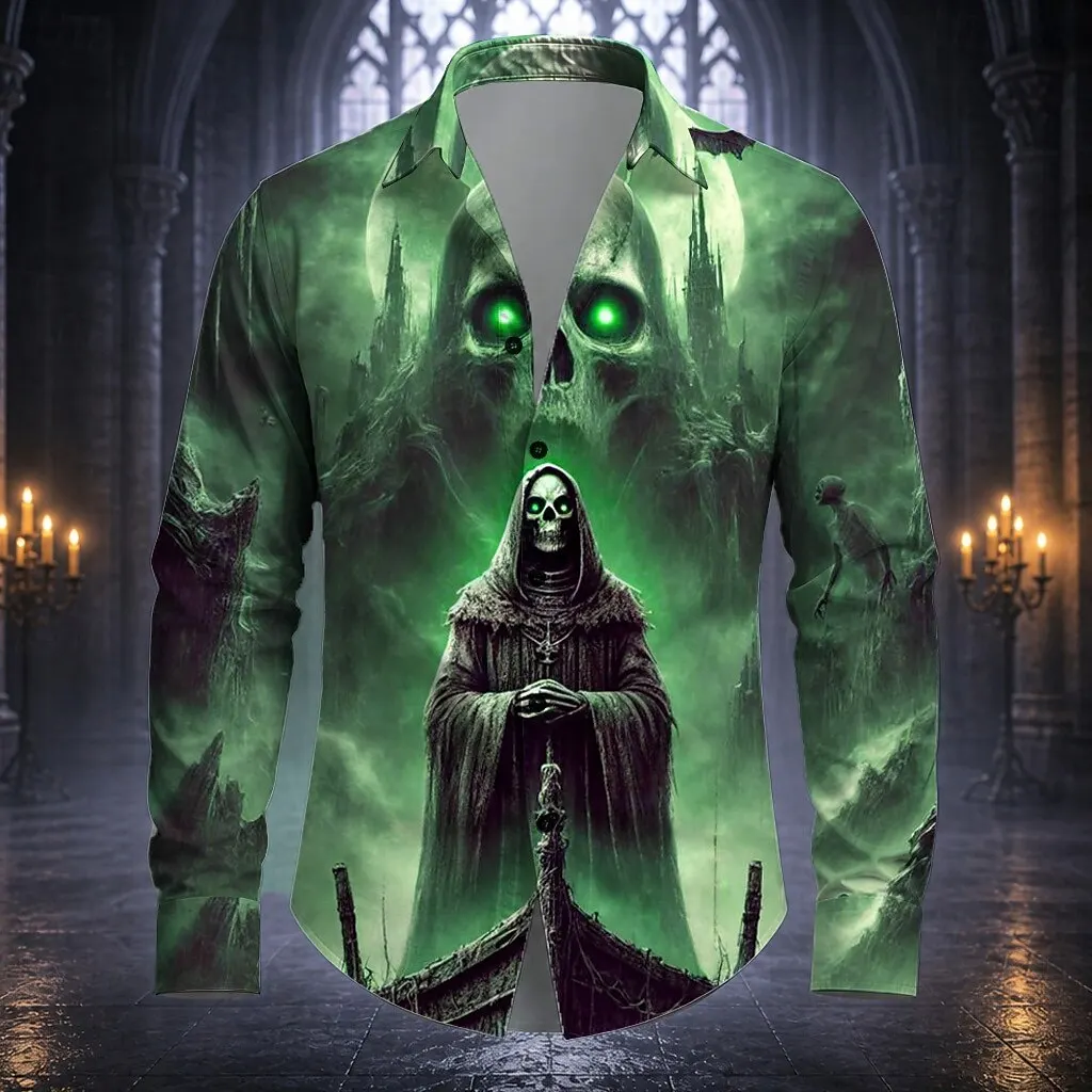 Men Halloween 3D Print Long Sleeve Shirt Gothic Skull Grim Reaper Lapel Button Down Shirt Horror Party Casual Unisex Tops