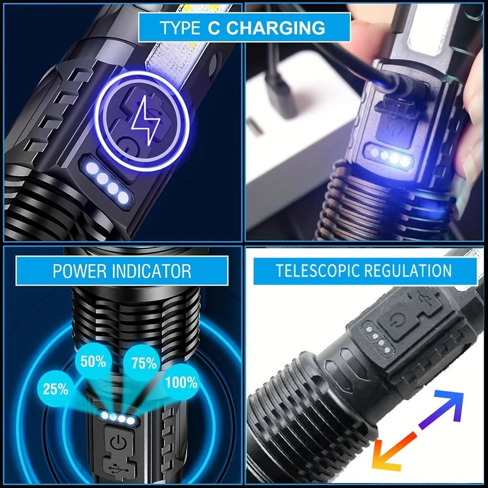 Hand-LED-Taschenlampen für den Außenbereich, 6-Modi-Taschenlampe mit Ladeanzeige und Clip, rot und blau blinkende Warnung mit Seitenlichtern