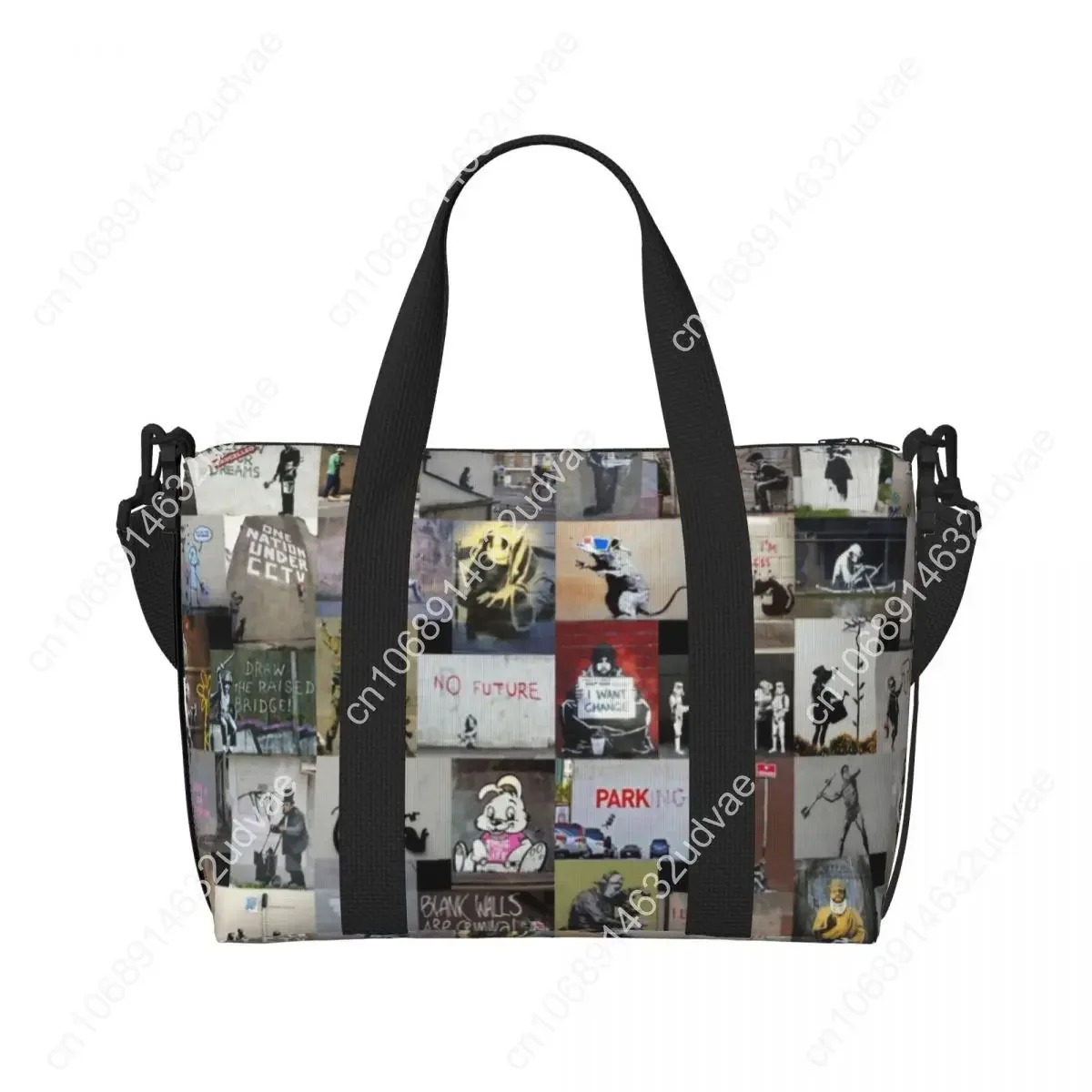 Tas Tote Banksy Inggris Kustom untuk Wanita Kapasitas Besar Tas Perjalanan Pantai Gym Seni Jalanan Grafiti