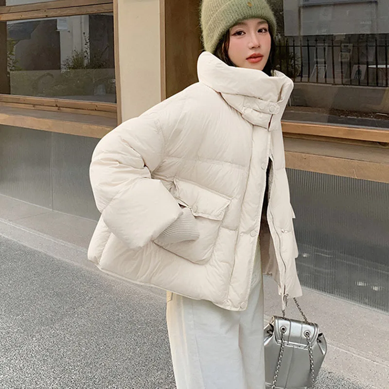 ニットスリーブ レディース ダウンジャケット 2025 冬 新作 スレッドスリーブ スタンドカラー 暖かい ホワイトダックダウン ショート丈 レディース ダウンジャケット H538