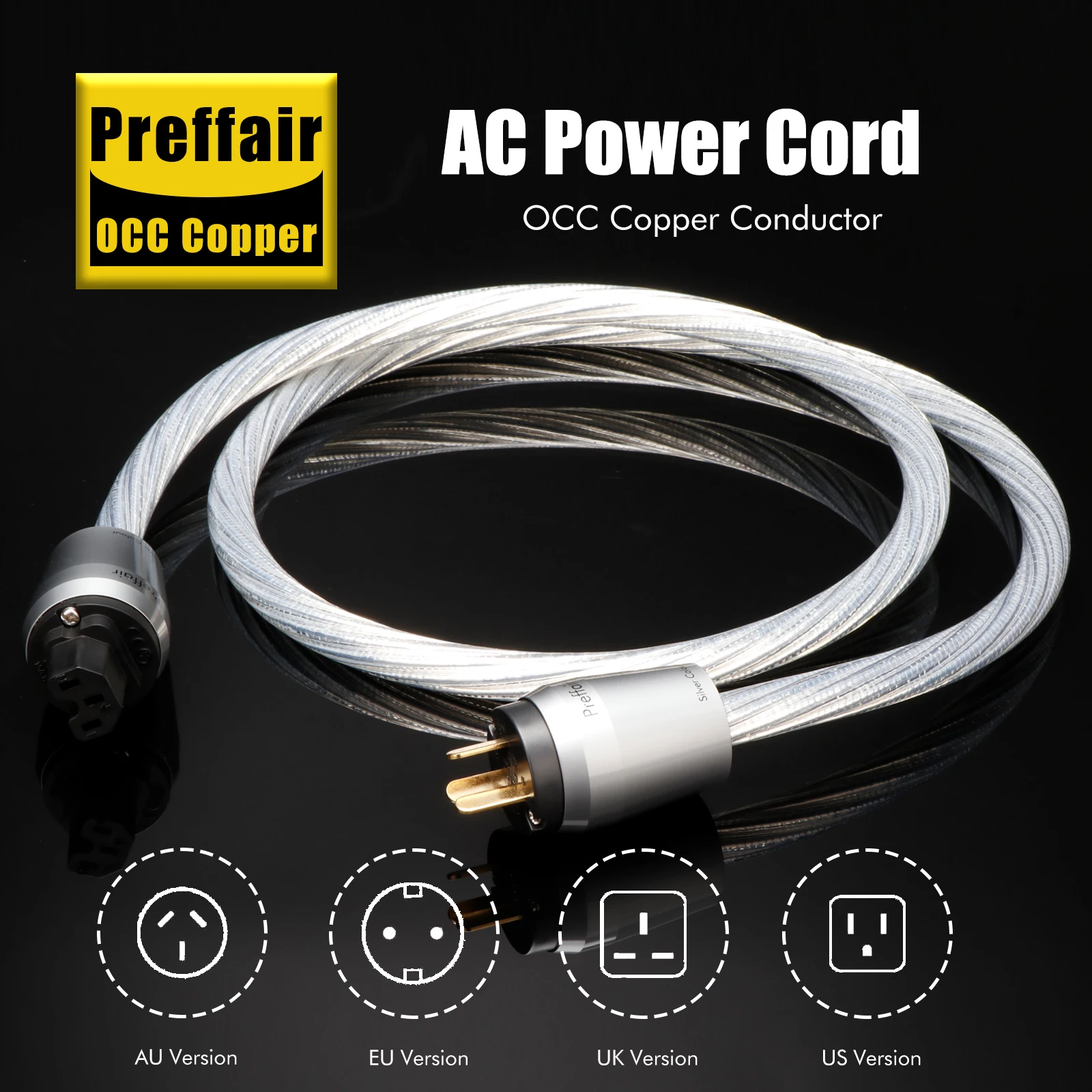 Preffair 8N OCC كابل الطاقة المطلي بالفضة المملكة المتحدة/الاتحاد الأفريقي/الولايات المتحدة/الاتحاد الأوروبي موصل مقبس الجيل 2 التيار المتناوب سلك الطاقة الاتحاد الأوروبي Schuko الطاقة