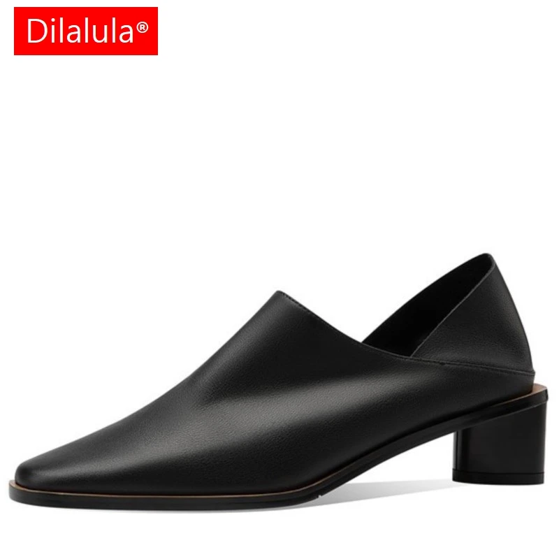 Dilalula Genuine Leather Pumps Women Slip On Soft Upper Office Ladies Shoes Foldable Back 2 In 1 Wearable Med Thick Heels Pumps