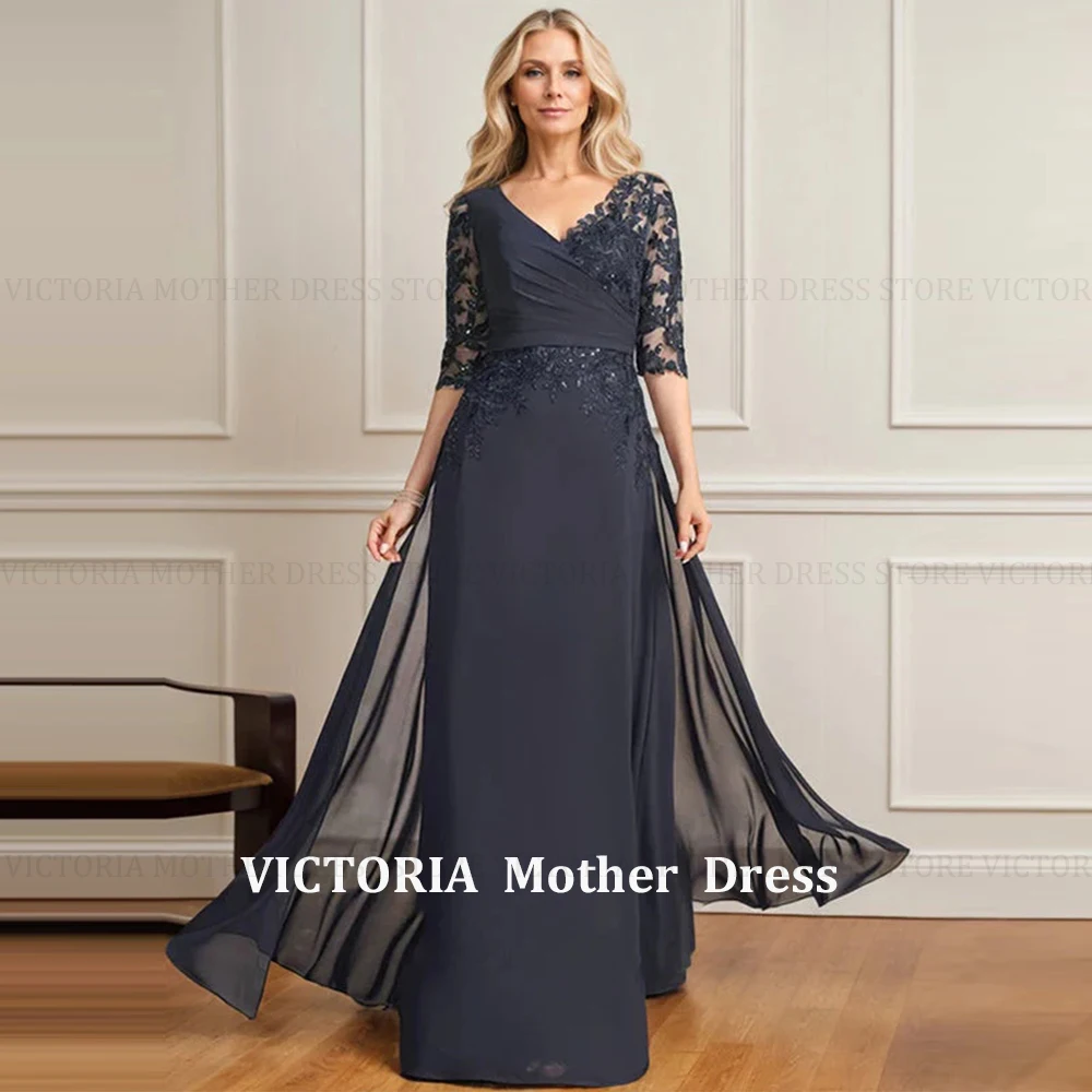 

VICTORIA Customized Elegant Mother of the Bride Dress 2025 A-Line V-Neck Chiffon Applique Sequin Pleats Long Wedding Guest Gown