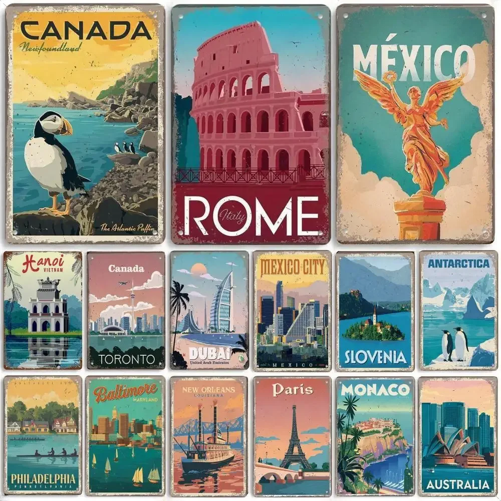 1pc Vintage Capital City Scenery Aluminium Sign Metal Plate Mexico Greece Canada Dubai Metal Poster Wall Decor 8x12 Inch