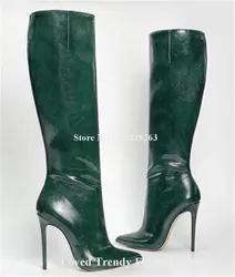 Women Elegant Green Matte Leather Thin Heel Knee High Boots Sexy Pointed Toe Slip-on Stiletto Heel Long Boots Big Size