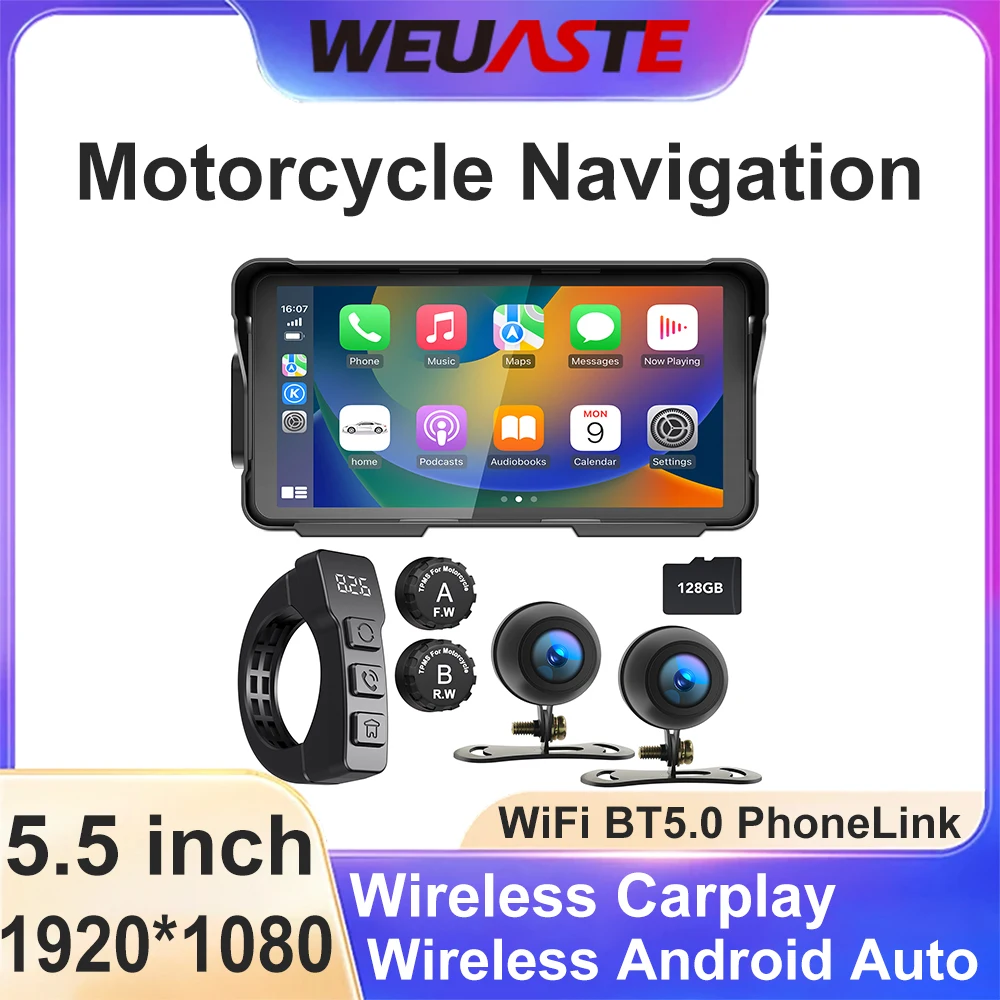 

5.5 Inch Portable Motorcycle Navigation Wireless Carplay Android Auto IP67 Waterproof Display BT WIFI GPS Recorder Moto Monitor