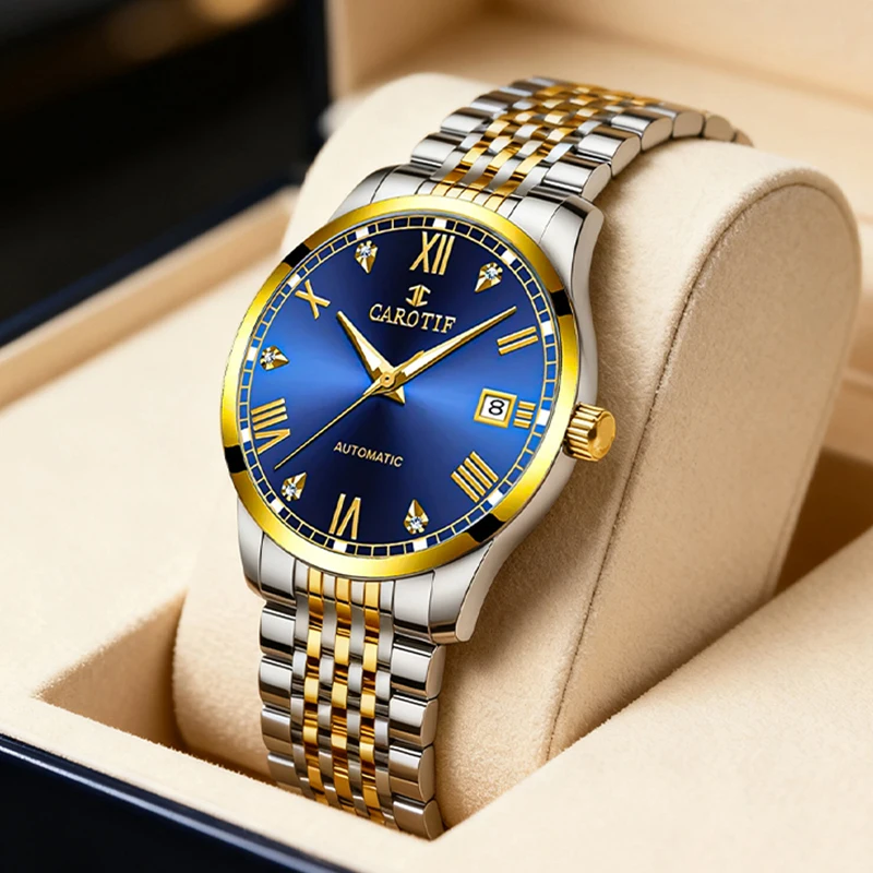 

Мужские классические механические часы серебристо-синего цвета в деловом стиле с указателем даты и браслетом из нержавеющей стали.