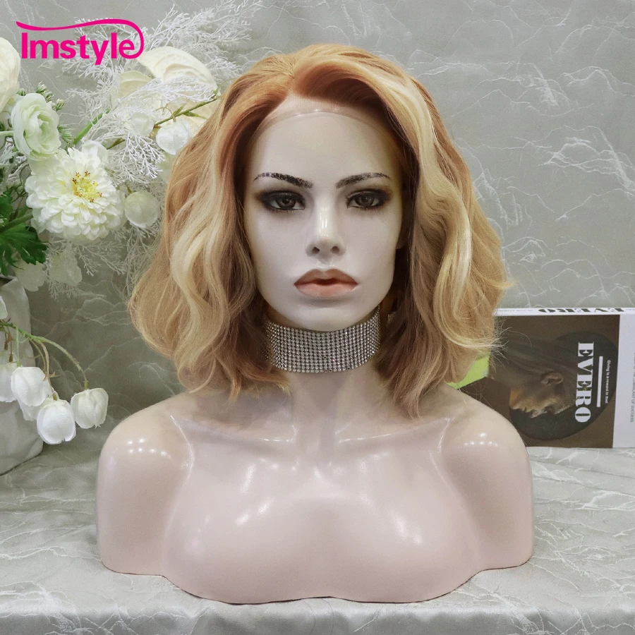 

Imstyle Short Bob Wig Ombre Synthetic Lace Front Wig Orange Lace Wigs For Women Heat Resistant Fiber Natural Wavy Cosplay Wig