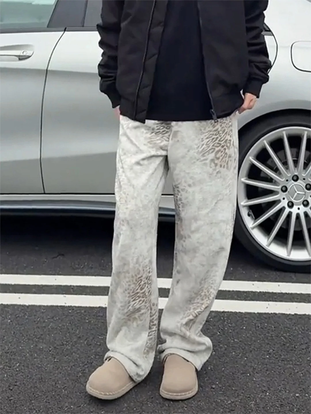 

Мужские повседневные брюки в американском ретро-стиле с изогнутым кроем, прямые, с леопардовым принтом, осенне-зимние, стильные, с высокой талией, узкие, широкие штанины