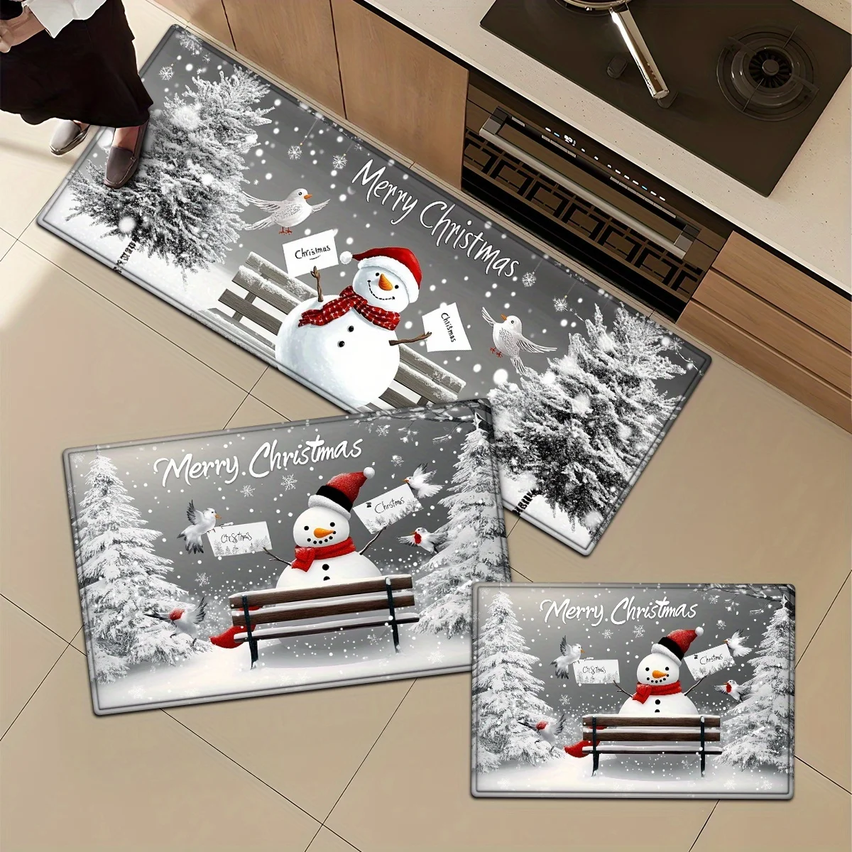Christmas Kitchen Rugs Set Snowman Santa Xmas Print Non Slip Mat 1/2/3Pcs Options Washable Holiday Home Floor Decor