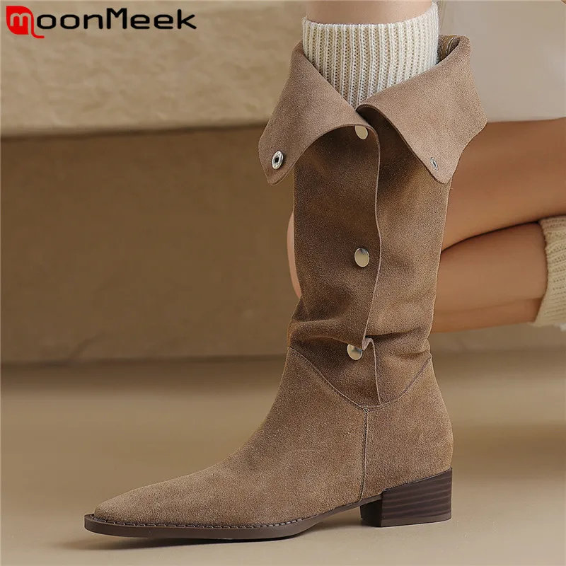 

MoonMeek 2023 New Cow Suede Leather Western Boots Cool Female Slip On Knee High Boots Square Med Heels Women's Winter Boots