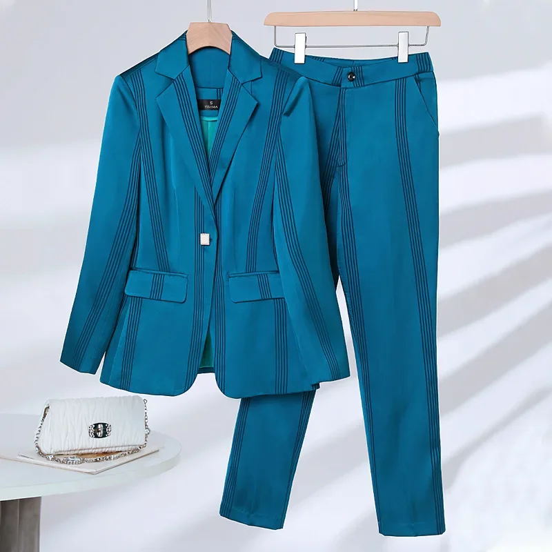 Red Pinstripe Women Suit Pants Set 2 Piece Blazer+Trousers Female Spring Office Lady Business Work Wear Formal Coat Prom Dress